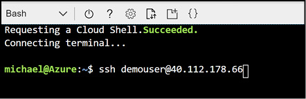 A screen shot shows the SSH command executing from within the Azure Cloud Shell.