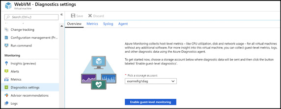 A screen shot shows enabling diagnostics on a Windows VM using the Azure portal.