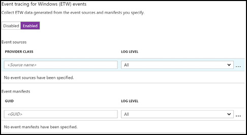 A screen shot shows collecting Event Tracing for Windows (ETW) in the Azure portal.