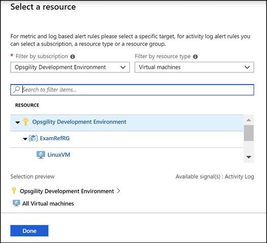 A screen shot shows configuring the criteria for an alert in the Azure portal.