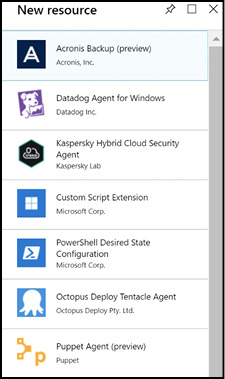 A screen shot that shows some of the available custom script extensions that can be installed on the virtual machine during creation using the Azure portal.