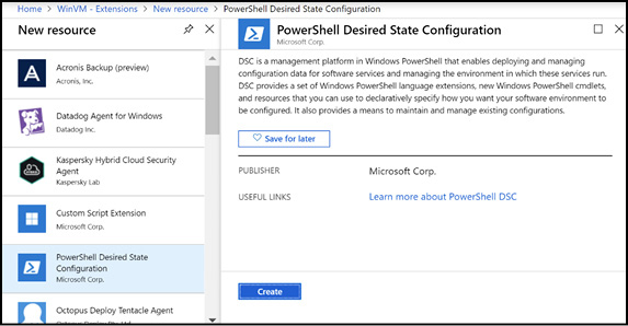 A screen shot shows adding the PowerShell Desired State Configuration extension to a virtual machine.