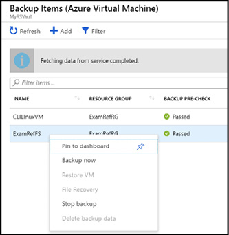 A screen shot shows, within the backup items dialog box in the recovery services vault, to right-click on a configured VM and select Backup now.