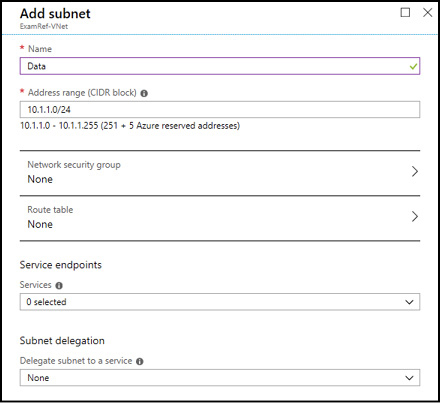 A screen shot shows the Add Subnet blade in the Azure portal showing the settings to create a new subnet called Data with IP address range 10.1.1.0/24, together with settings for the network security group, route table, service endpoints and subnet delegation.