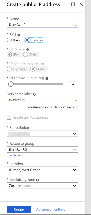 A screen shot shows the Azure portal during the creation of a public IP address. The DNS name is set, along with the location where this address is used in the Azure Cloud.