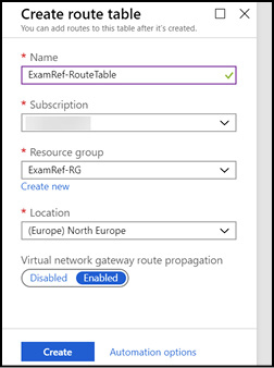 A screen shot shows the Create Route Table blade from the Azure portal. The name of the route table is ExamRef-RouteTable, and the location is North Europe.