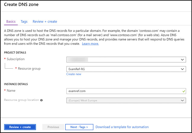 A screen shot shows the Create DNS Zone blade of the Azure portal, with DNS zone name examref.com.