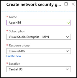 A screen shot shows the Azure portal creating a new network security group. The name AppsNSG has been supplied and placed into the ExamRefRG resource group and located in the Central US Azure region.