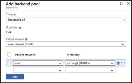 A screenshot shows the Azure Portal with the backend pool configured to use IPv4, and a VM from the examref-vnet.