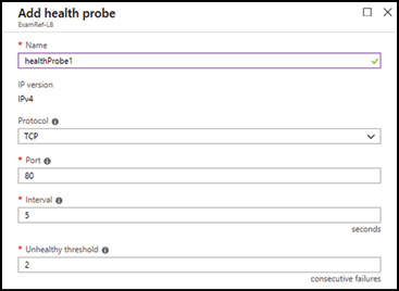 A screen shot shows the Azure Portal creating a health probe in Azure Load Balancer. The probe name is healthProbe1, the protocol is TCP, the port is 80, the interval is 5, and the unhealthy threshold is 2.