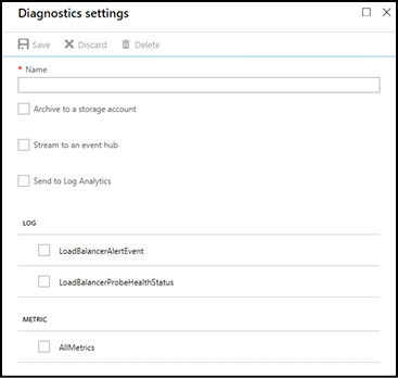 A screen shot showing the load balancer diagnostics settings blade. Options are available to send logs to a storage account, event hub, or Log Analytics workspace. The available logs are LoadBalancerAlertEvent,LoadBalancerProbeHealthStatus, and AllMetrics.