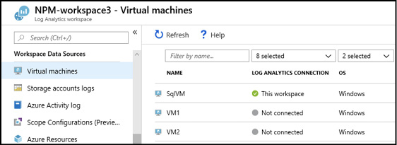 A screen shot from the Azure Portal shows the Azure Virtual Machines list in a Log Analytics Workspace. Several machines are listed, with log analytics connection status Connected or Not Connected.