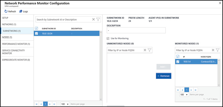A screen shot from the Azure Portal shows the Subnet configuration within Network Performance Monitor. This shows a subnetwork (10.0.1.0/24) with a single monitored node (10.0.1.4).