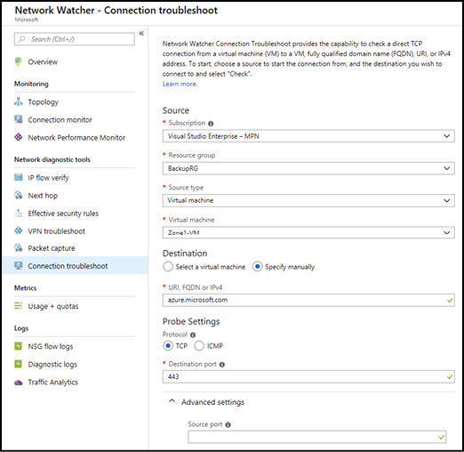A screen shot from the Azure Portal shows the Network Watcher Connection Troubleshoot configuration. A source VM has been specified, using the name and resource group name. The destination has been specified as a FQDN (azure.microsoft.com) and protocol (TCP), with destination port 443.