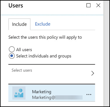 A screen shot of the Azure Portal showing the MFA registration policy creation experience for selecting included and/or excluded users and groups.