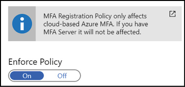 A screen shot of the Azure Portal showing the MFA registration policy creation experience for setting the state of the policy to On or Off.