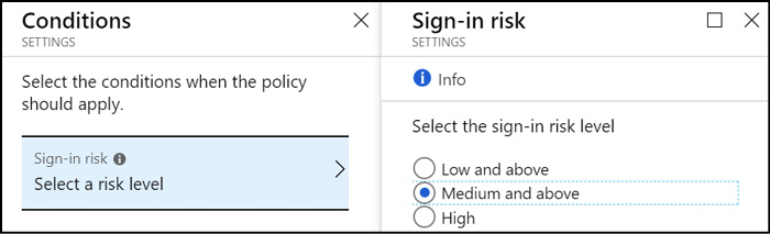 A screen shot of the Azure Portal showing the sign-in risk policy creation experience for assigning a risk level to the policy.
