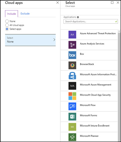 A screen shot of the New conditional access policy blade with the Cloud apps configuration open to select Cloud apps.