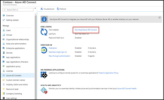 A screen shot of the Azure portal showing link to download Azure AD Connect from the Azure Active Directory service.