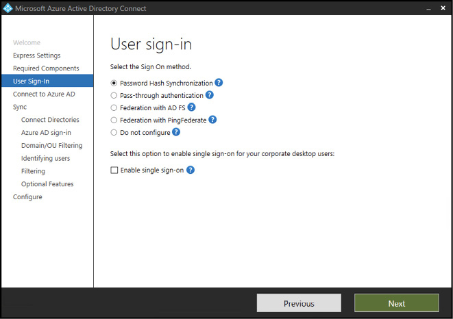 A screen shot of Microsoft Azure AD Connect configuration wizard showing the User sign-in settings.