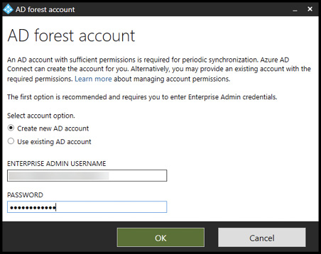 A screen shot of Microsoft Azure AD Connect configuration wizard showing the configuration of the AD forest account.
