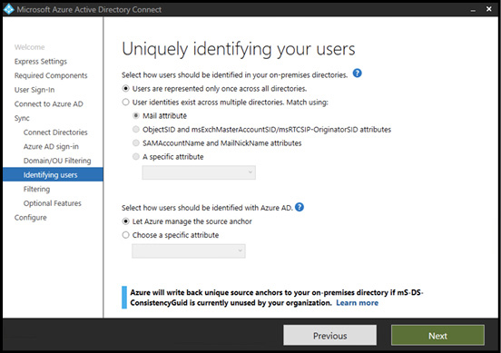 A screen shot of Microsoft Azure AD Connect configuration wizard showing configuration of user attribute matching.