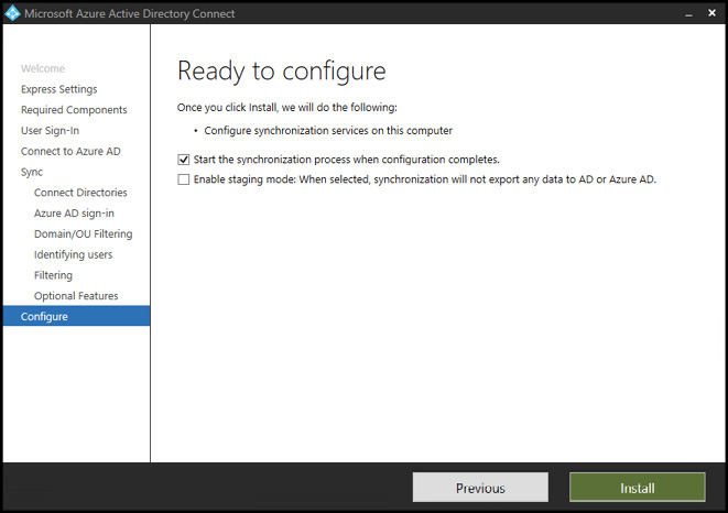 : A screen shot of Microsoft Azure AD Connect configuration wizard showing the Ready to configure screen.