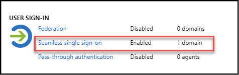 A screen shot of the Azure Portal showing Seamless single sign-on enabled.