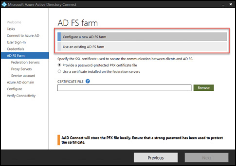 A screen shot shows the Azure AD Connect wizard showing the AD FS farm configuration screen.