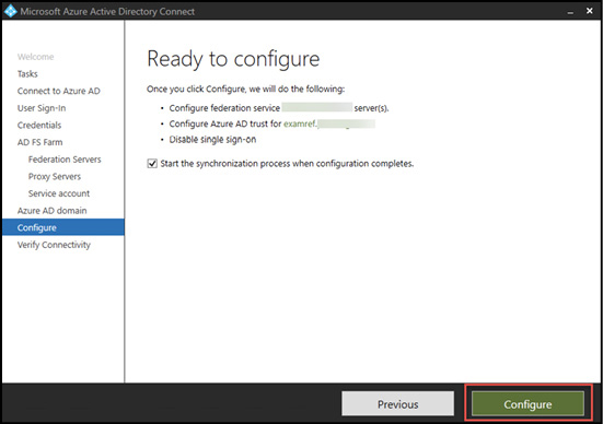 A screen shot shows the Azure AD Connect wizard showing the Ready to configure configuration screen.