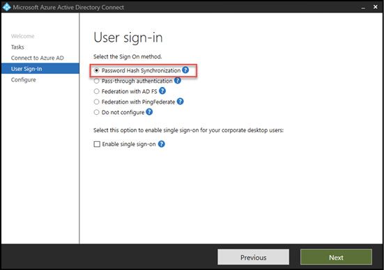 A screen shot of the Microsoft Azure Active Directory Connect User sign-in screen in the installation wizard with Password Hash Synchronization selected.