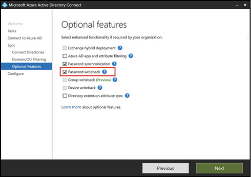 A screen shot shows the Azure AD Connect wizard being run again to select Optional features.