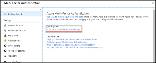 A screen shot of the Azure Portal showing the Getting Started blade of the MFA service in Azure Active Directory.