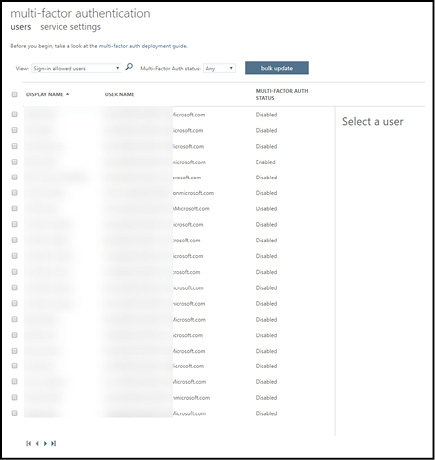 A screenshot of the MFA service configuration showing the users tab.