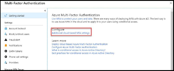 A screenshot of the Azure Portal showing the Getting started blade of the MFA service in Azure Active Directory.