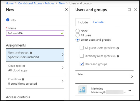 A screen shot of the Azure Portal showing the New policy blade and the selection of users and groups under the Assignments section.