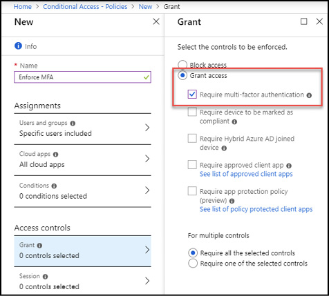 A screen shot of the Azure Portal showing the New Policy blade and the selection of Require multi-factor authentication in the New Policy blade.