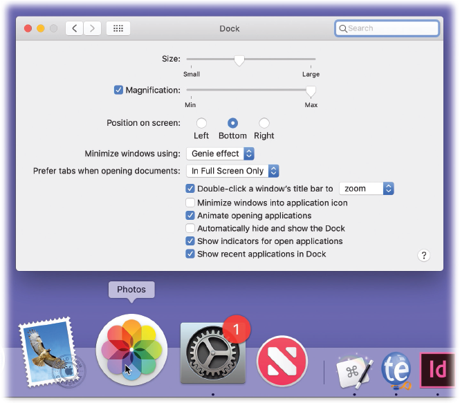 To make your Dock icons bigger or smaller, choose System Preferences → Dock, and experiment with the Size slider.