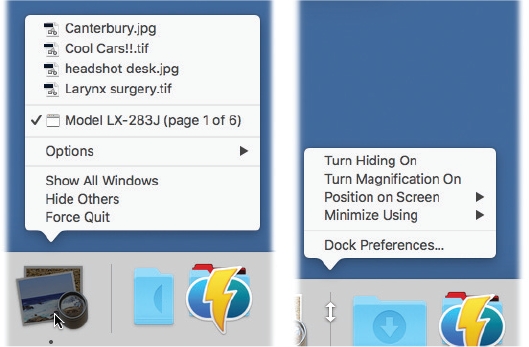 Left: Right-click or two-finger click a Dock icon to open the secret menu. In certain recent Apple programs, the top half of the menu lists recently opened documents, followed by currently open ones.