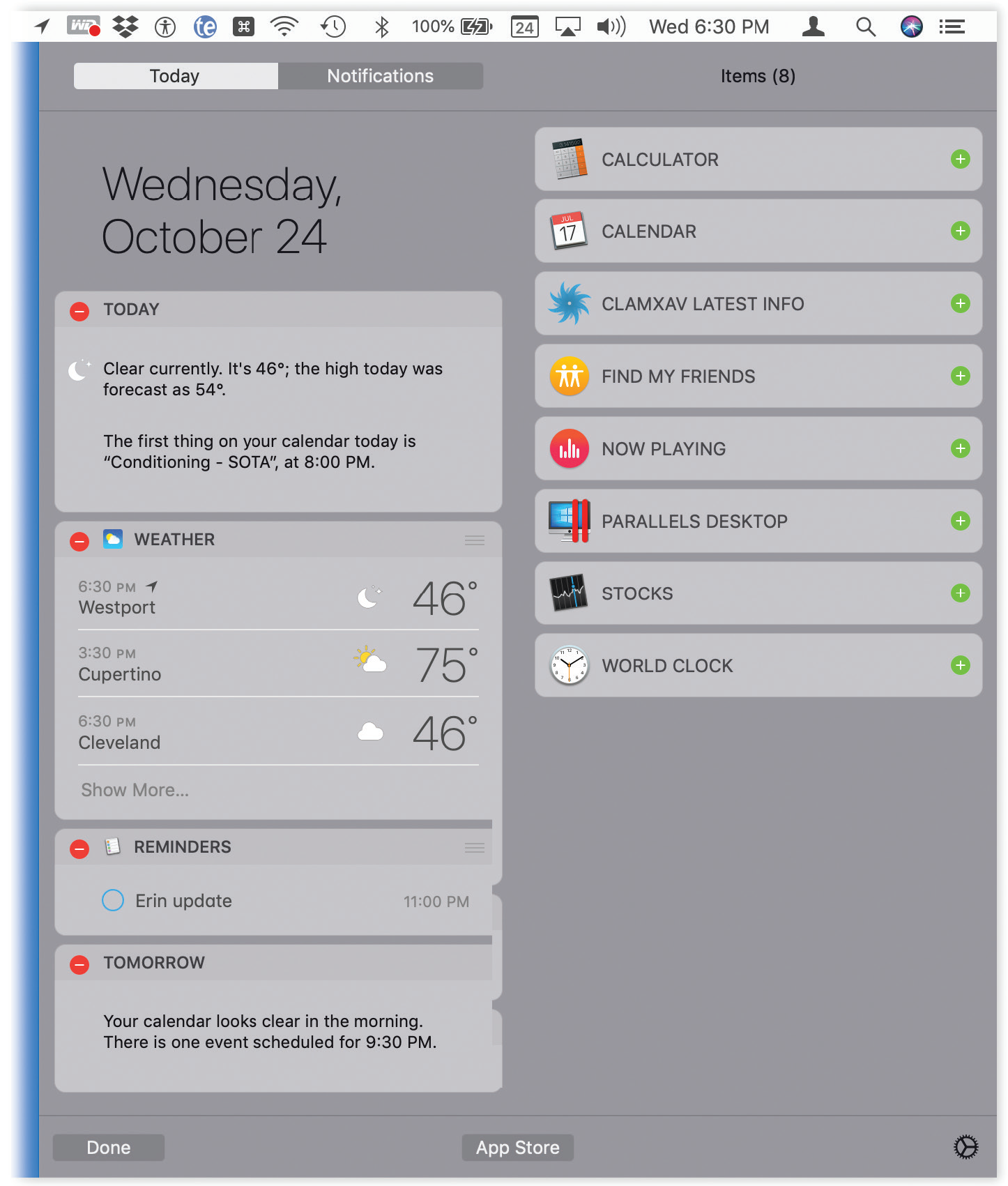 Editing the widgets of the Today list is simple enough. The left column represents what’s in the Today list now; the right column lists widgets that aren’t installed at the moment. Click to remove a widget from the Today list, or tap to add a module.