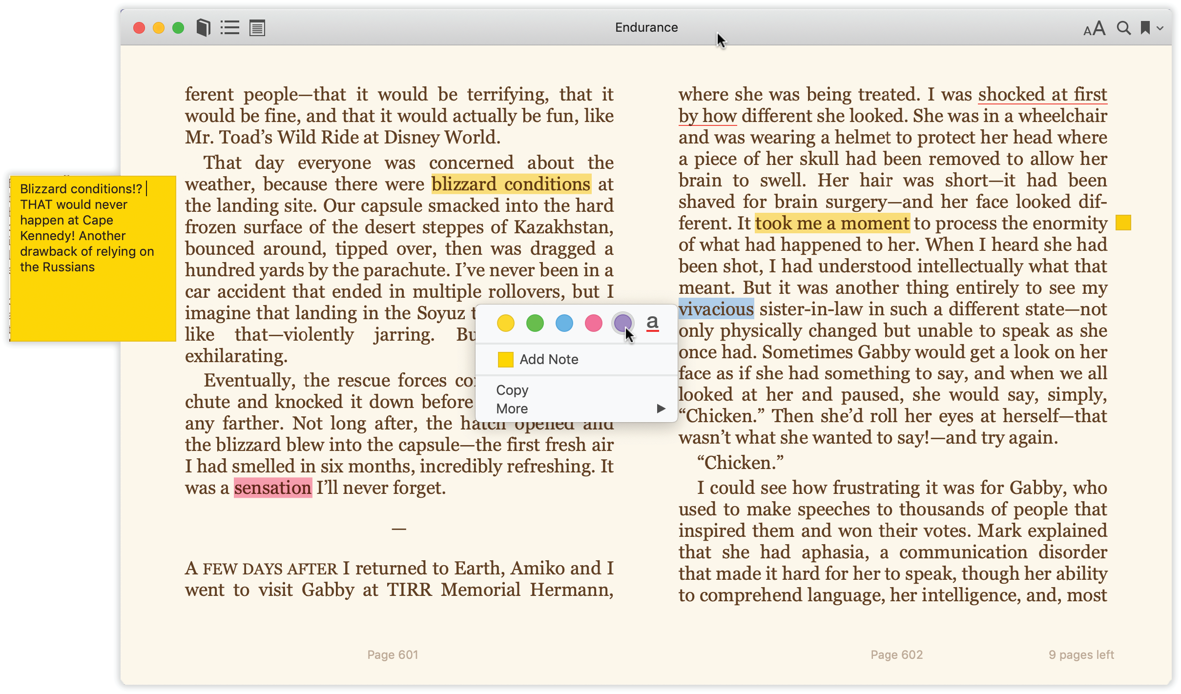 Here’s a composite shot showing all kinds of Books features: a Note open (left), the highlighting palette (middle), and the navigation bar (top).