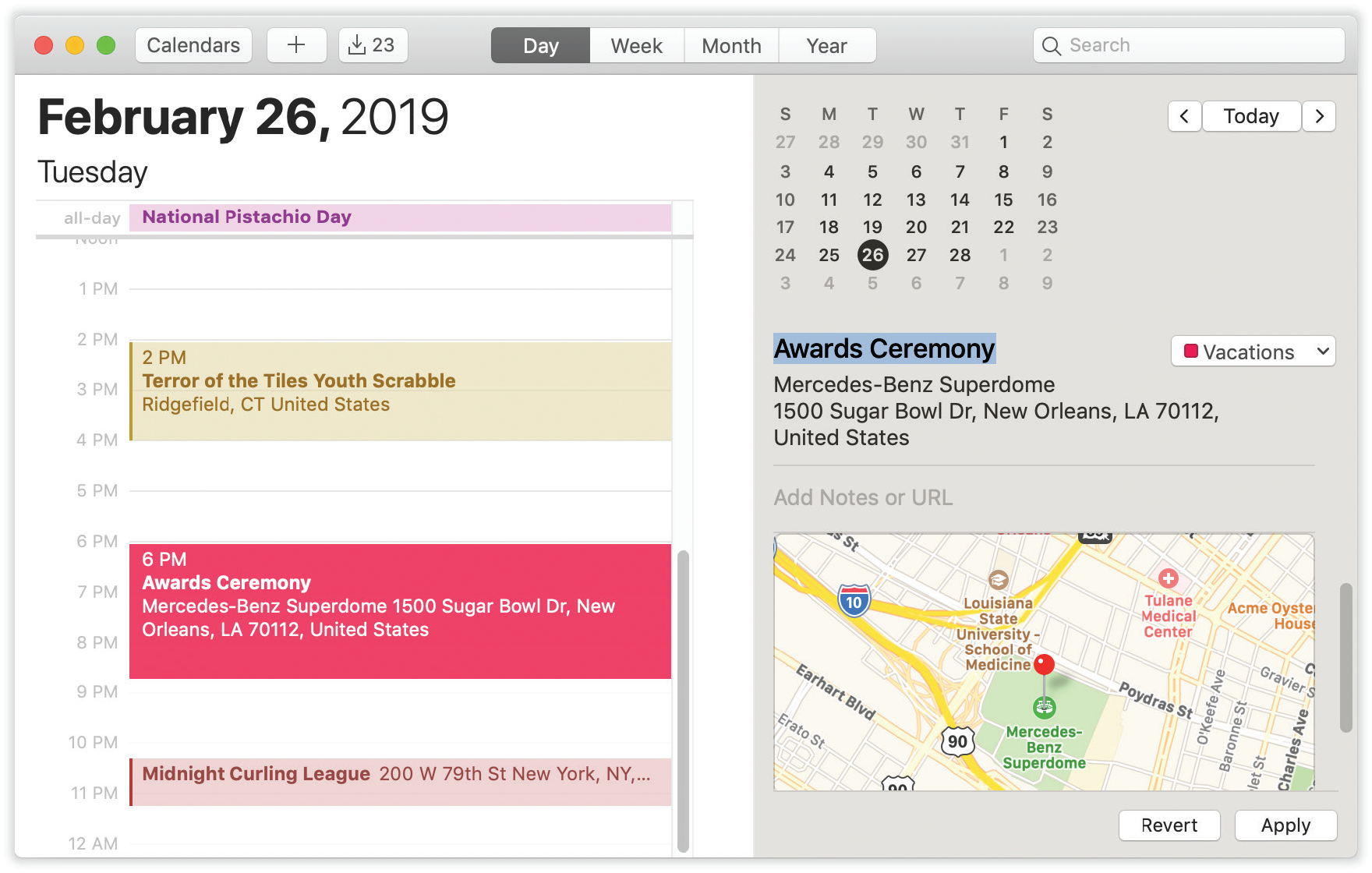 In Calendar, the and buttons at top right take you to the previous or next day, week, month, or year (depending on your current view). In the Day view, shown here, you can click the tiny numbers on the mini-calendar to change days.
