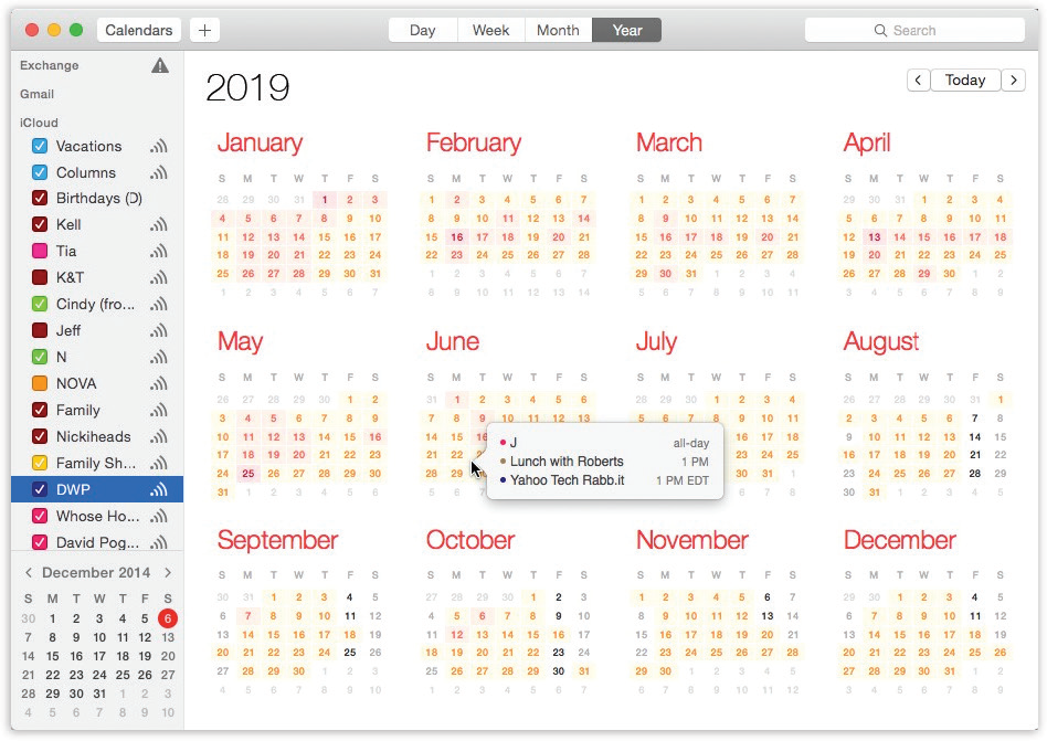Year view shows the entire year. In Calendar → Preferences → Advanced, you can turn on “Show events in year view,” which actually means “Show me a ‘heat map’ to indicate how hectic my schedule is.”