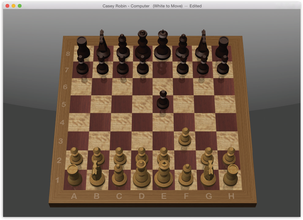 You don’t have to be terribly exact about grabbing the chess pieces when it’s time to make your move. Just click anywhere within a piece’s current square to drag it into a new position on the board (shown here in its Wood incarnation). And why is this chessboard rotated like this? Because you can grab a corner of the board and rotate it in 3D space. Cool!