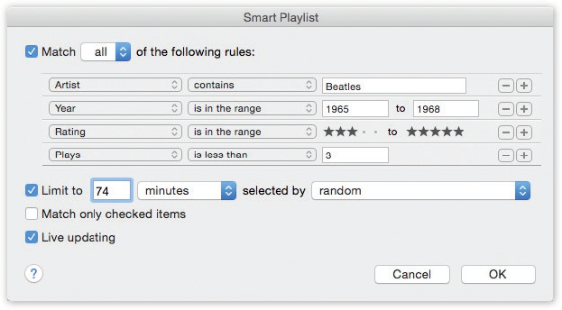 A smart playlist is a powerful search command for your iTunes database. You can set up certain criteria, like the hunt for particular Beatles tunes illustrated here. The “Live updating” checkbox makes iTunes keep this playlist updated as your collection changes, as you change your ratings, as your play count changes, and so on.