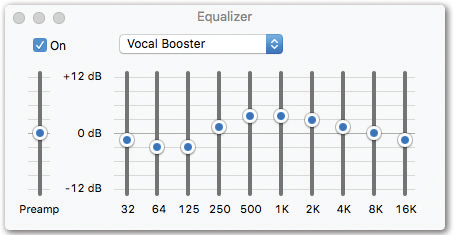 Drag the sliders (bass on the left, treble on the right) to accommodate the strengths and weaknesses of your speakers or headphones (and listening tastes). Or save yourself the trouble—use the pop-up menu above the sliders to choose a canned set of slider positions for Classical, Dance, Jazz, Latin, and so on. These settings even transfer to your i-gadgets.