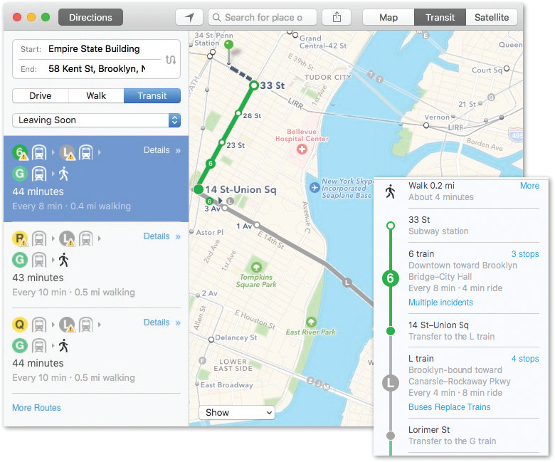 Maps knows the complete bus, train, and subway schedules for an ever-growing number of cities. In those cities, click Transit to see your options.
