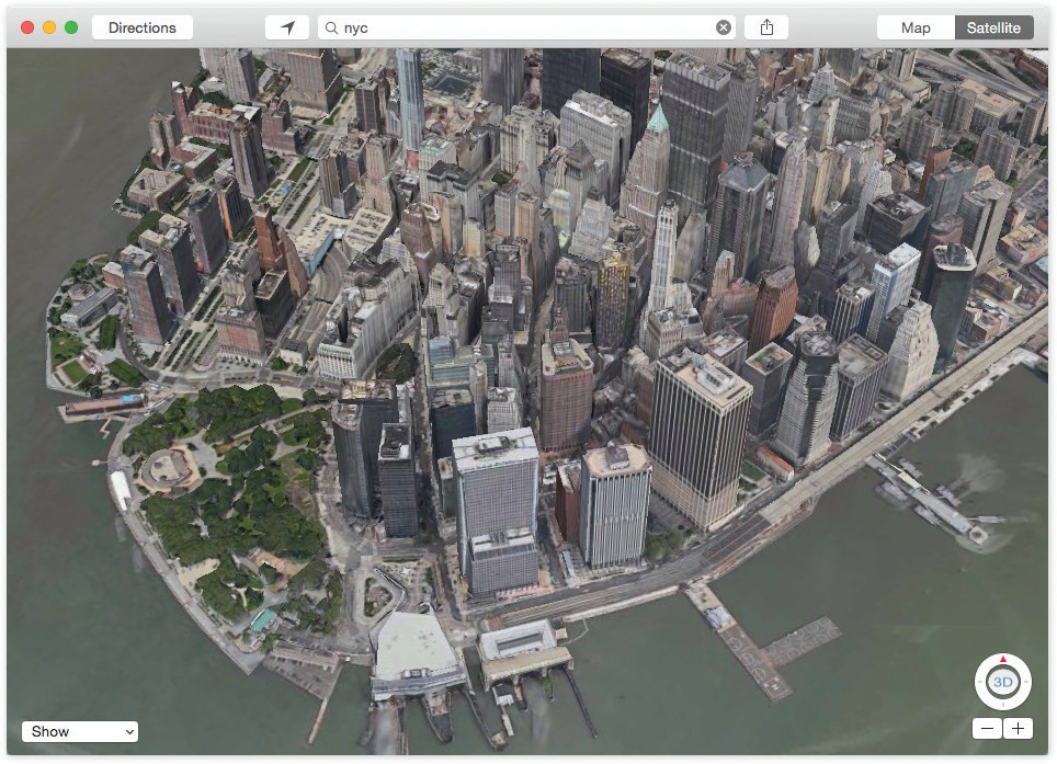 Flyover is a dynamic, interactive, photographic 3D model of 240 major cities. It looks something like an aerial video, except that you control the virtual camera. You can pan around these scenes, looking over and around buildings to see what’s behind them. To create this feature, Apple says, it spent two years filming cities from helicopters.