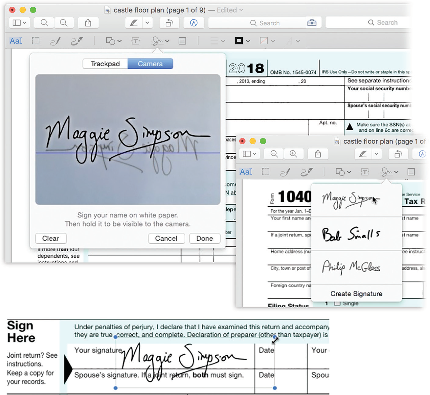 Top: Hold up your written signature page in front of your Mac’s camera. Make sure it’s big enough to fill the box on the left side—never mind that it appears backward—and position it so that it sits on the blue line, as shown here. After a moment, your isolated, beautifully photographed signature appears in the Preview box.