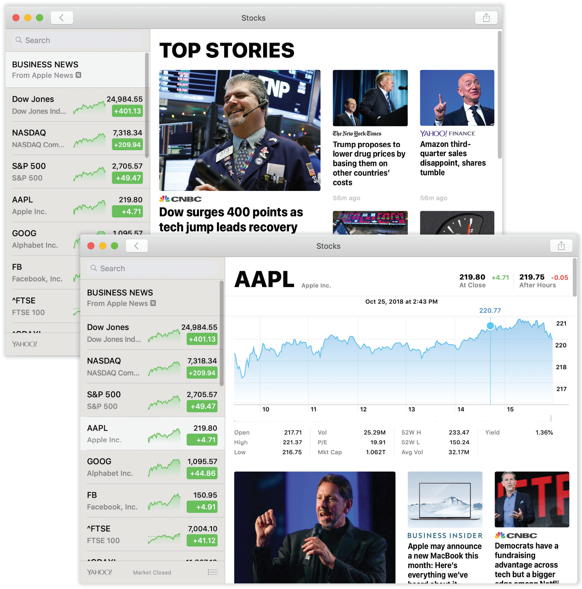 Top: The Stocks app, newly arrived on the Mac, tracks your portfolio in the left-side column. At the right, you see news stories related to your holdings—a key factor in their value fluctuations.